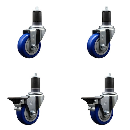 Service Caster 3.5'' Blue Poly Wheel Swivel 1-5/8'' Expanding Stem Caster Set 2 Brakes, 4PK SCC-EX20S3514-PPUB-BLUE-2-PLB-2-158